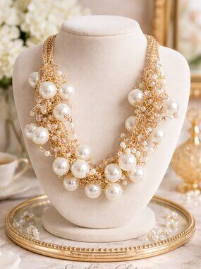 Luxury Pearl Statement Necklace, Gold Layered Chain Necklace, Chunky Pearl Bib